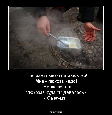 - Неправильно я питаюсь-мэ! Мне - люкоза надо!
- Не люкоза, а глюкоза! Куда "г" девалась?
- Съел-мэ!
