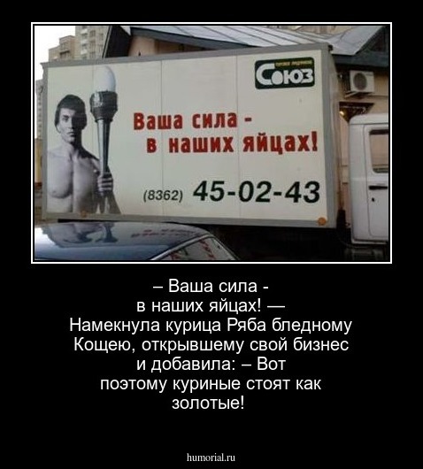 – Ваша сила - в наших яйцах! — Намекнула курица Ряба бледному Кощею, открывшему свой бизнес и добавила: – Вот поэтому куриные стоят как золотые!