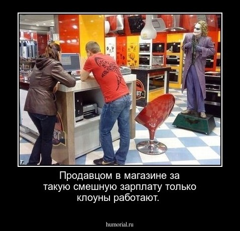Продавцом в магазине за такую смешную зарплату только клоуны работают.