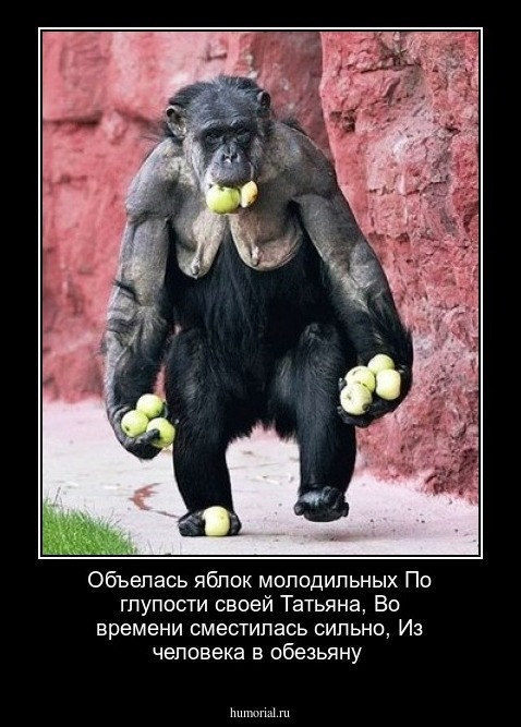 Объелась яблок молодильных
По глупости своей Татьяна,
Во времени сместилась сильно,
Из человека в обезьяну