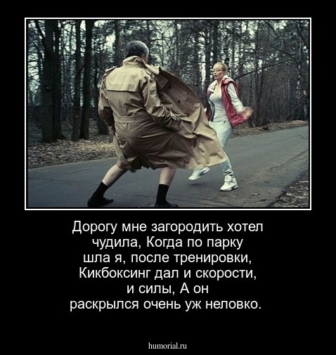 Дорогу мне загородить хотел чудила,
Когда по парку шла я, после тренировки,
Кикбоксинг дал и скорости, и силы,
А он раскрылся очень уж неловко.