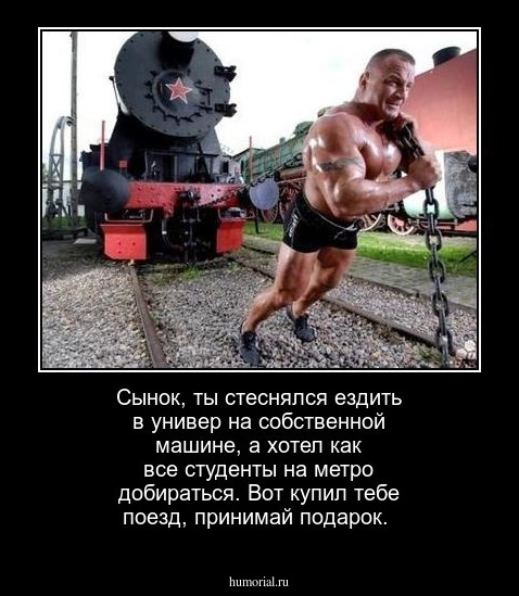 Сынок, ты стеснялся ездить в универ на собственной машине, а хотел как все студенты на метро добираться. Вот купил  тебе поезд, принимай подарок.