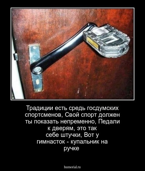 Традиции есть средь госдумских спортсменов,
 Свой спорт должен ты показать непременно,
Педали к дверям, это так себе штучки,
 Вот у гимнасток - купальник на ручке