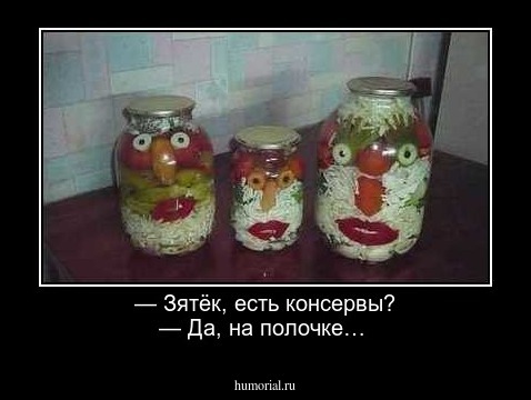 — Зятёк, есть консервы?
— Да, на полочке…