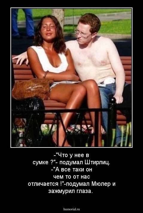 -"Что у нее в сумке ?"- подумал Штирлиц.
-"А все таки он чем то  от нас отличается !"-подумал Мюлер и зажмурил глаза.
