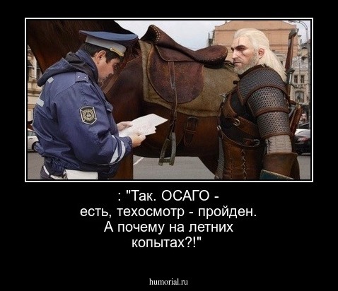  : "Так. ОСАГО - есть, техосмотр - пройден. А почему на летних копытах?!"