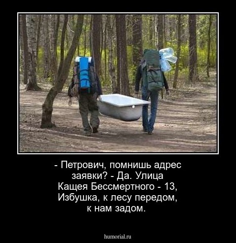 - Петрович, помнишь адрес заявки? - Да. Улица Кащея Бессмертного - 13,  Избушка, к лесу передом, к нам задом.