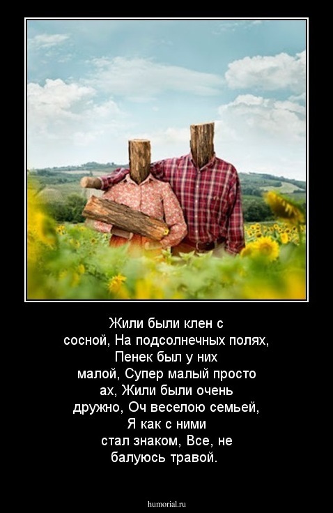 Жили были клен с сосной,
На подсолнечных полях,
Пенек был у них малой,
Супер малый просто ах,
Жили были очень дружно,
Оч веселою семьей,
Я как с ними стал знаком,
Все, не балуюсь травой.
