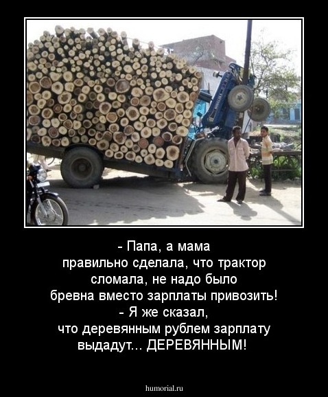 - Папа, а мама правильно сделала, что трактор сломала, не надо было бревна вместо зарплаты привозить!
- Я же сказал, что деревянным рублем зарплату выдадут... ДЕРЕВЯННЫМ!