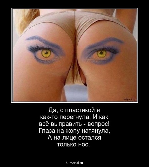 Да, с пластикой я как-то перегнула,
И как всё выправить - вопрос!
Глаза на жопу натянула,
А на лице остался только нос.