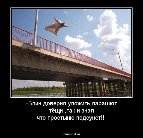 -Блин доверил уложить парашют тёщи ,так и знал что простыню подсунет!!