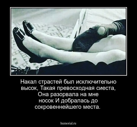 Накал страстей был исключительно высок,
Такая превосходная сиеста,
Она разорвала на мне носок
И добралась до сокровеннейшего места.