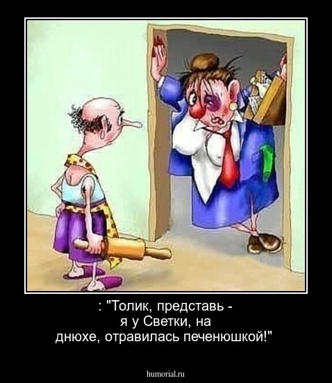  : "Толик, представь - я у Светки, на днюхе, отравилась печенюшкой!"