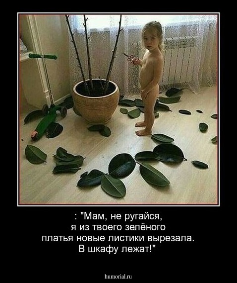 :  "Мам,  не ругайся,  я из твоего зелёного платья новые листики вырезала. В шкафу лежат!"