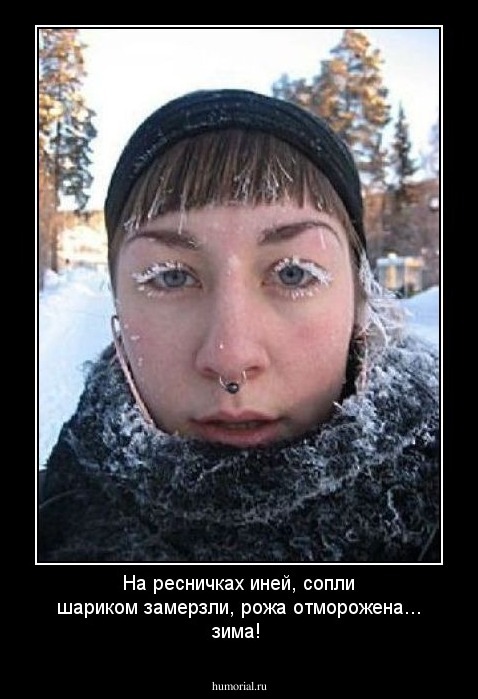 На ресничках иней,  сопли шариком замерзли, рожа отморожена... зима!