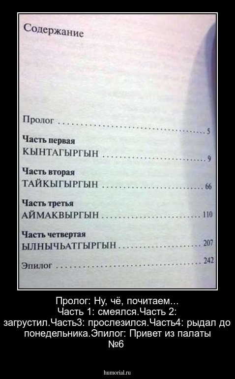  Пролог: Ну, чё, почитаем... Часть 1: смеялся.Часть 2: загрустил.Часть3: прослезился.Часть4: рыдал до понедельника.Эпилог: Привет из палаты №6
