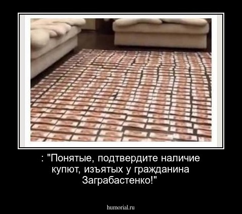 : "Понятые,  подтвердите наличие купют, изъятых у гражданина Заграбастенко!"