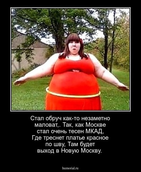 Стал обруч как-то незаметно маловат,.  Так, как Москве стал очень тесен МКАД,    Где треснет платье красное по шву,     Там будет выход в Новую Москву.