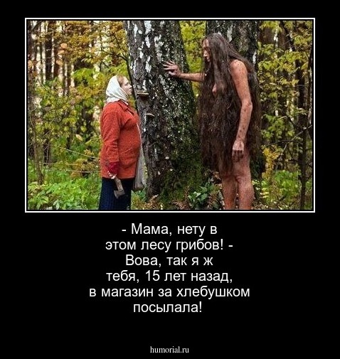 - Мама, нету в этом лесу грибов!  - Вова, так я ж тебя, 15 лет назад, в магазин за хлебушком посылала!