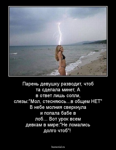 Парень девушку разводит, чтоб та сделала минет,
А в ответ лишь сопли, слезы:"Мол, стесняюсь...в общем НЕТ"
В небе молния сверкнула и попала бабе в лоб...
Вот урок всем девкам в мире:"Не ломались долго чтоб"!