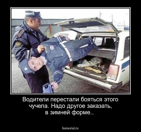 Водители перестали бояться этого чучела. Надо другое заказать, в зимней форме..