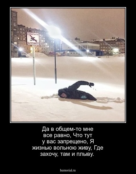 Да в общем-то мне все равно,
Что тут у вас запрещено,
Я жизнью вольною живу,
Где захочу, там и плыву.
