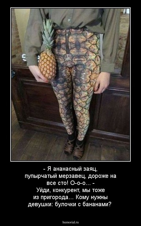 - Я ананасный заяц, пупырчатый мерзавец, дороже на все сто! О-о-о... - Уйди, конкурент, мы тоже из пригорода... Кому нужны девушки: булочки с бананами?