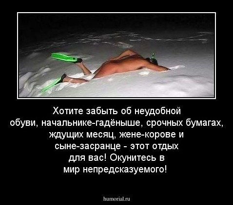 Хотите забыть об неудобной обуви, начальнике-гадёныше, срочных бумагах, ждущих месяц, жене-корове и сыне-засранце - этот отдых для вас! Окунитесь в мир непредсказуемого! 
