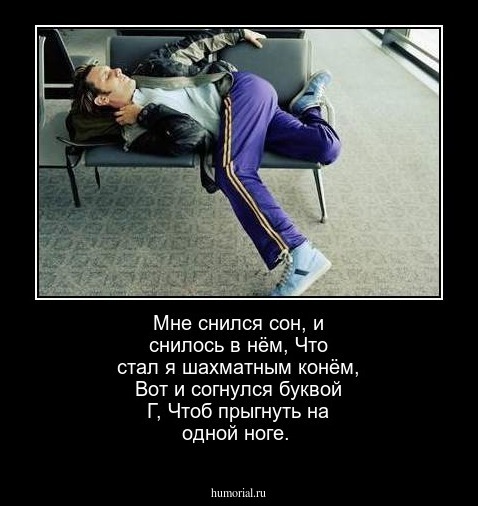 Мне снился сон, и снилось в нём,
Что стал я шахматным конём,
Вот и согнулся буквой Г,
Чтоб прыгнуть на одной ноге.