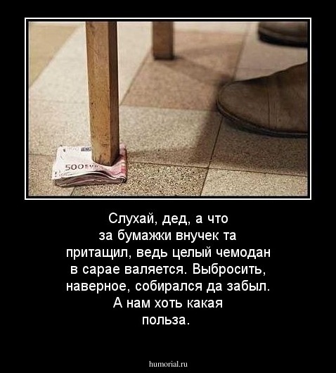 Слухай, дед, а что за бумажки внучек та притащил, ведь целый чемодан в сарае валяется. Выбросить, наверное, собирался да забыл. А нам хоть какая польза.