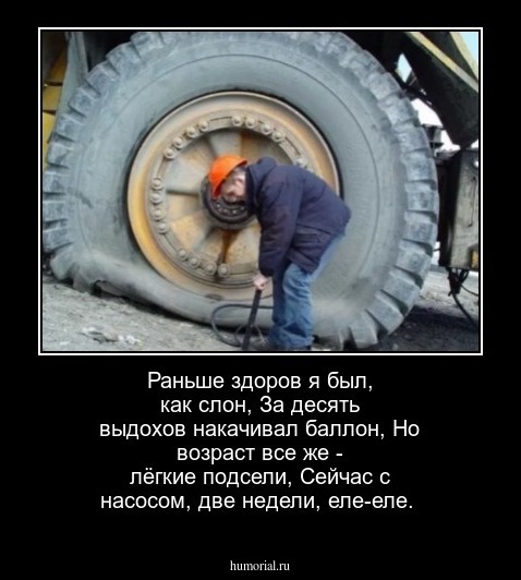 Раньше здоров я был, как слон,
За десять выдохов накачивал баллон,
Но возраст все же - лёгкие подсели,
Сейчас с насосом, две недели, еле-еле.