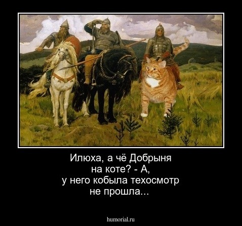  Илюха, а чё Добрыня на коте? - А, у него кобыла техосмотр не прошла...