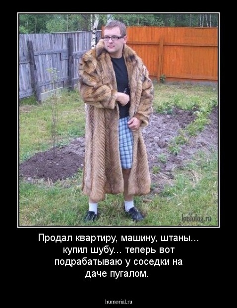 Продал квартиру, машину, штаны... купил шубу... теперь вот подрабатываю у соседки на даче пугалом.
