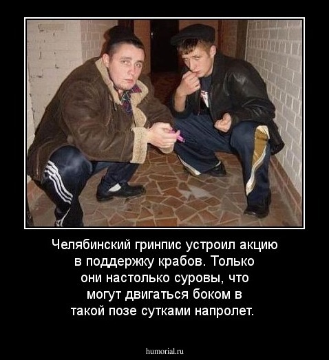 Челябинский гринпис устроил акцию в поддержку крабов. Только они настолько суровы, что могут двигаться боком в такой позе сутками напролет.