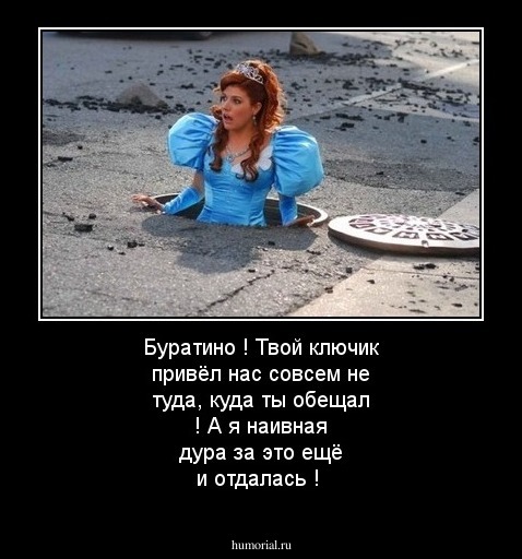 Буратино ! Твой ключик привёл нас совсем не туда, куда ты обещал ! А я наивная дура за это ещё и отдалась !