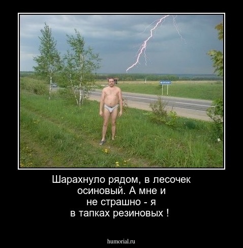 Шарахнуло рядом, в лесочек осиновый.
А мне и не страшно -  я в тапках резиновых !