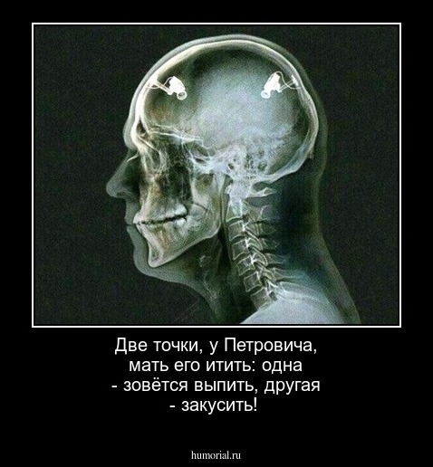 Две точки, у Петровича, мать его итить: одна - зовётся выпить,  другая - закусить!