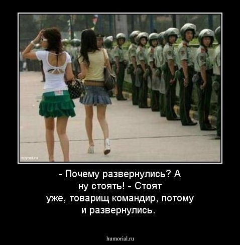 - Почему развернулись? А ну стоять! 
- Стоят уже, товарищ командир, потому и развернулись.