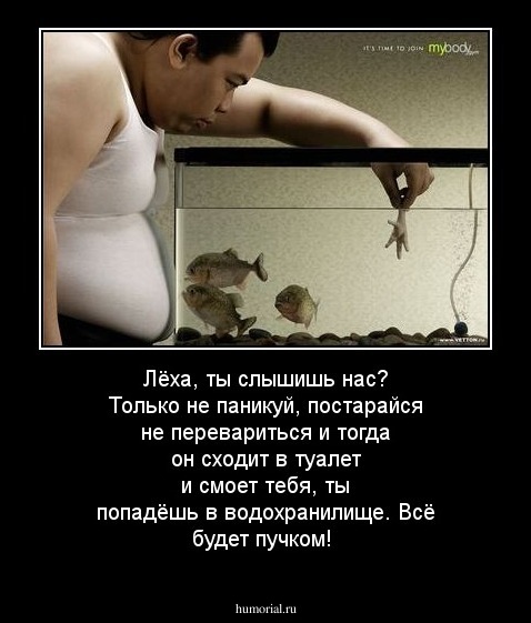 Лёха, ты слышишь нас? Только не паникуй, постарайся не перевариться и тогда он сходит в туалет и смоет тебя, ты попадёшь в водохранилище. Всё будет пучком!