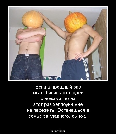 Если в прошлый раз мы отбились от людей с ножами, то на этот раз хэллоуин мне не пережить. Останешься в семье за главного, сынок.