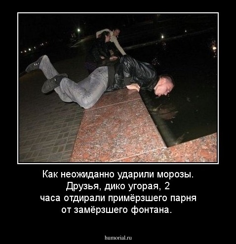 Как неожиданно ударили морозы. Друзья,  дико угорая, 2 часа отдирали примёрзшего парня от замёрзшего фонтана.