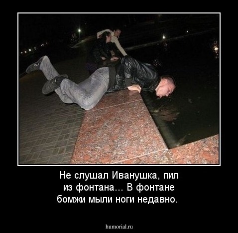 Не слушал Иванушка, пил из фонтана...
В фонтане бомжи мыли ноги недавно.
