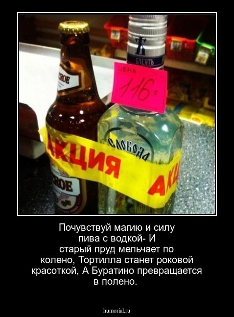 Почувствуй магию и силу пива с водкой-
И старый пруд мельчает по колено,
Тортилла станет роковой красоткой,
А Буратино превращается в полено.