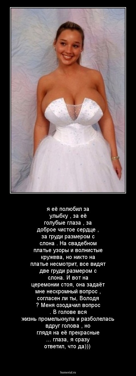 я её полюбил за улыбку , за её голубые глаза , за доброе чистое сердце , за груди размером  с слона . На свадебном платье узоры и волнистые кружева, но никто на платье несмотрит, все видят две груди размером с слона. И вот на церемонии стоя, она задаёт мн
