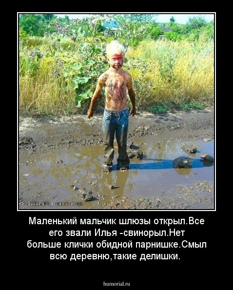 Маленький мальчик шлюзы открыл.Все его звали Илья -свинорыл.Нет больше клички обидной парнишке.Смыл всю деревню,такие делишки.