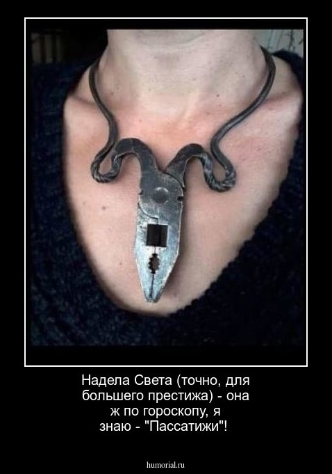  Надела Света (точно, для большего престижа) - она ж по гороскопу, я знаю - "Пассатижи"!