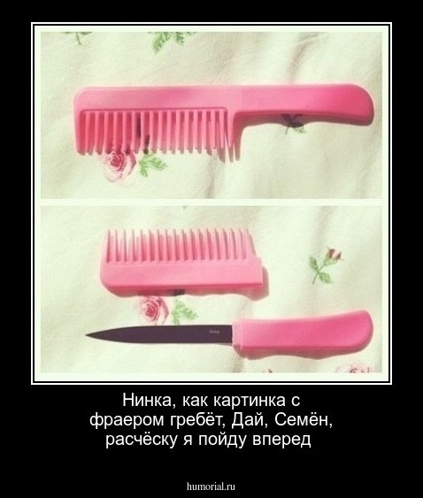 Нинка, как картинка с фраером гребёт, 
Дай, Семён, расчёску я пойду вперед