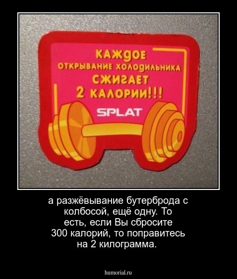 а разжёвывание бутерброда с колбосой, ещё одну. То есть, если Вы сбросите 300 калорий, то поправитесь на 2 килограмма.
