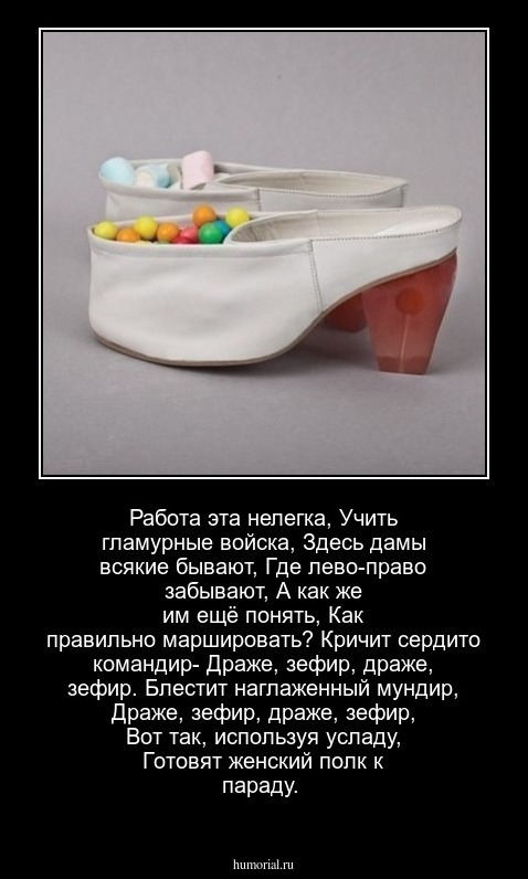 Работа эта нелегка,
Учить гламурные войска,

Здесь дамы всякие бывают,
Где лево-право забывают,

А как же им ещё понять,
Как правильно маршировать?

Кричит сердито командир-
Драже, зефир, драже, зефир.

Блестит наглаженный мундир,
Драже, зефир, драже, зефир,

Вот так, используя усладу,
Готовят женский полк к параду.