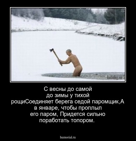С весны до самой до зимы у тихой рощиСоединяет берега седой паромщик,А в январе, чтобы проплыл его паром, Придется сильно поработать топором.